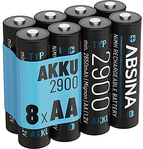 ABSINA 8X Pilas Recargables AA 2900 NiMH - Pila Recargable AA 1,2V & mín. 2650mAh - Pilhas recarregáveis AA para Dispositivos de Alto Consumo - Bateria AA Recargable para Wii y Controles Xbox