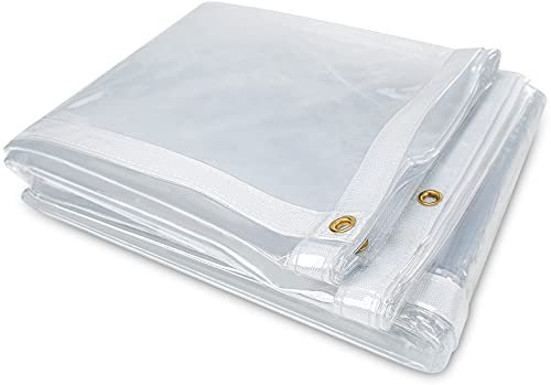 10 x 10FT Outdoor Clear Tarp Curtain Waterproof Wind-Proof 24 Mil Transparent Vinyl Tarp for Patio Pergola Garden Canopy Rainproof Anti-Tear PVC Thick Cover with Grommets