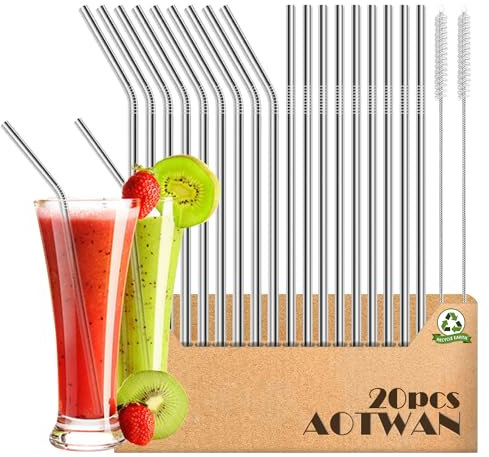 AOTWAN Strohhalme Edelstahl 304 Trinkhalme Edelstahl 20 Stück Enthalten 9 Gerade +9 Gebogen +2 Reinigungsbürsten Metall Strohhalm Wiederverwendbar für Cocktails,Smoothie und Säfte