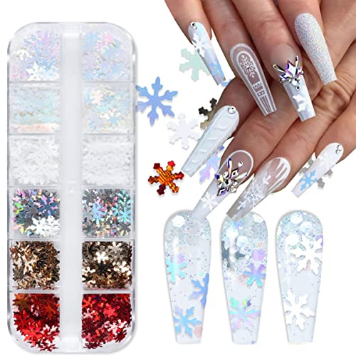 Christmas Nail Art Glitter Sequin,3D Snowflakes Nail Sequins Decoration, White Snowflake, Holographic Snowflake,Winter Christmas Nail Products, Professional Accessories for Women Xmas Party Snow Flake