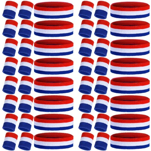 Canlierr 48pcs 16 Sets Neon 80's Sweatbands for Women Men Headband Wristband Set 16 Headband and 32 Wristbands Football Wristbands Sports Accessories Halloween Cosplay Glow Party(Red White Blue Strip)