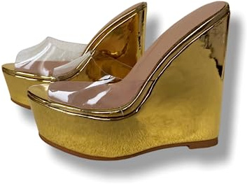 Frankie Hsu Sandalias de cuña de plataforma sexy para mujer, transparente PVC dorado de tacón alto punk, zapatos unisex para mujeres y hombres, Oro, 44 EU