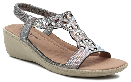 Cushion Walk Womens Slingback Sandals Slip On Elastic Stretch Ladies Wedge Heel Diamante Summer Sandals (Pewter, UK Footwear Size System, Adult, Women, Numeric, Medium, 7)