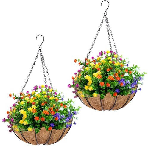 2 Pack Metal Hanging Flower Basket with Coco Liner 25 cm Round Hanging Planter Flower Pot Metal Wire Planter Basket with Chain for Indoor Outdoor Garden Patio Porch Decoration (2 Pack,10 inch/25cm )