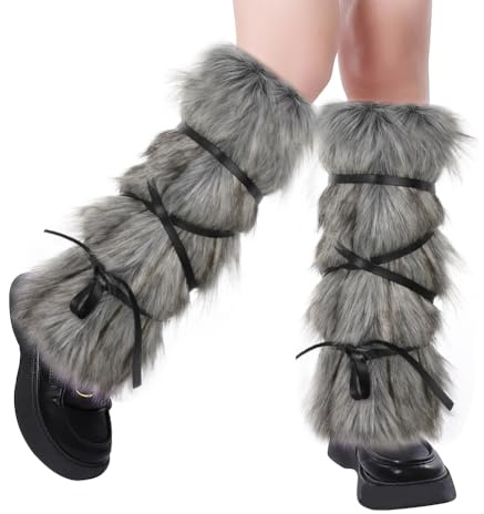 XGOPTS Medeltida fuskpäls benvärmare, kvinnor viking fuskpäls benvärmare fluffiga benomslag stövlar skydd med rem varma lurviga benstrumpor kostym tillbehör för halloween karneval cosplay jul, Grå, en