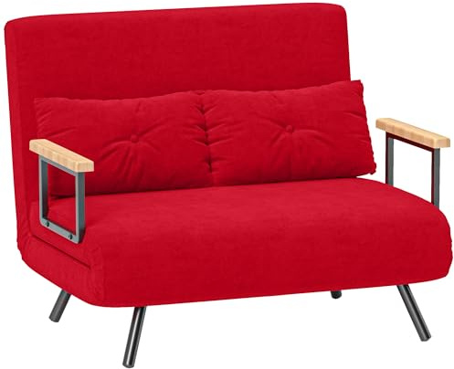 HOMCOM 4 in 1 Divano Letto 2 Posti, con Schienale Regolabile in 5 Posizioni, Divano Letto Matrimoniale Pieghevole con 2 Cuscini, Seduta Imbottita, in Velluto per Casa e Ufficio, 102x73x81 cm, Rosso