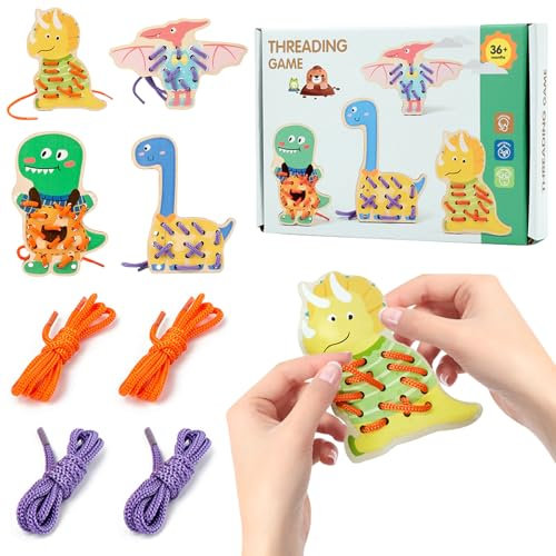 MILIAFLICK Schnürspielzeug für Kinder, Lernspielzeug zum Einfädeln, Lernspielzeug für Kinder in Dinosaurierform aus Holz mit Schnürung, Frühpädagogisches Spielzeug für Schulen und Kindergärten