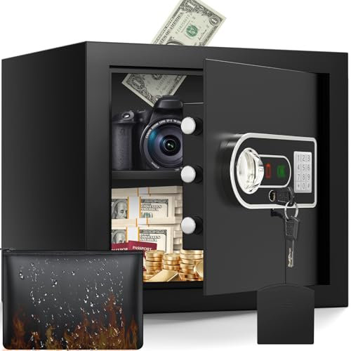 38L Safe Tresor Feuerfest für Zuhause, Digitaler SafeTresor mit Feuerfeste Tasche, MöBeltresor Tresore mit Schlüssel Zahlenschloss LCD-Bildschirm, Geldkassette Schranktresor für Gold Schmuck