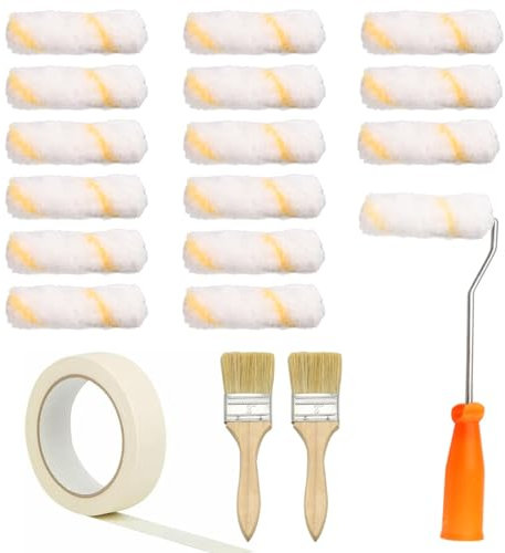 URHRHU 15 Pièces Petit Rouleau Peinture 10 cm Mini Rouleaux de Peinture Murale, Kit Rouleau Peinture avec 1 Support de Rouleau Peinture 1 Ruban de Masquage et 2 Pinceau Plat pour Décoration Murale