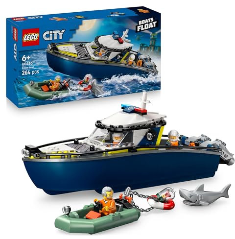 LEGO City Police Boat Chase Set - incl. 2 Boat Toys, 3 Minifigures & a Shark Animal Figure - Gift for 6+ Year Old Boys & Girls - 60456