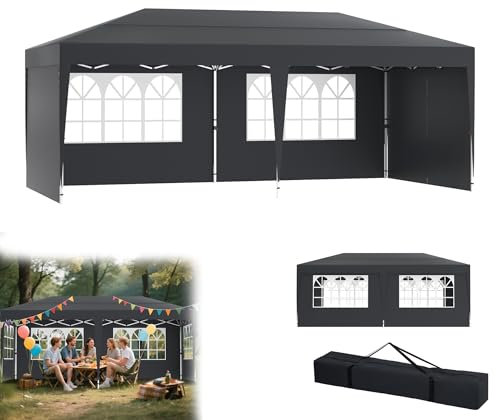YRHome 3x6m Pavillon mit 6 Seitenwände Höhenverstellbar Wasserdicht Stabil Winterfest Faltpavillon Pop-Up Partyzelt Gartenzelt Gartenpavillon UV Schutz 210D Oxford-Gewebe inkl. Tasche Anthrazit