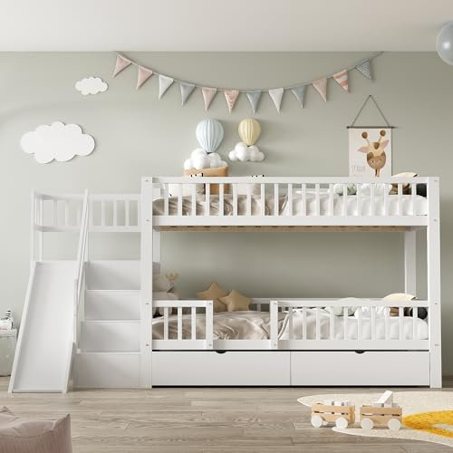Etagenbett Kinderbett 90x200 für 2 Kinder, Hochbett mit Treppe&Rutsche&2 Schubladen, Funktionsbett Holzbett Stockbett Spielbett Jugendbett Bettgestell mit Rausfallschutz&Lattenrost,Ohne Matratze,Weiß