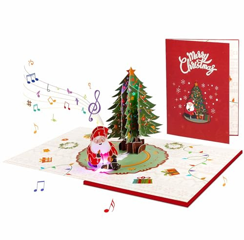 Biglietto di Natale pop-up 3D con musica e luce,Biglietto 3D Natale,Auguri Natalizio,Biglietti di Buon Assortiti con Busta (Rosso-B)