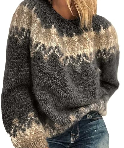 Pull Femme Norvégien d'hiver Chaud Chic Pull Over Tricoté Col Rond À Manches Longues Sweater Tops Motif Jacquard Tunique Grande Taille Pas Cher Décontractés Vetement Femme Automne-Hiver