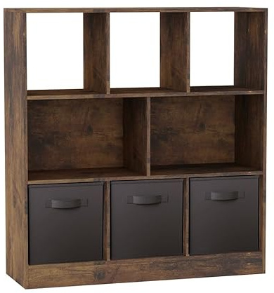 URBNLIVING Bibliothèque asymétrique 8 cubes marron rustique avec 3 inserts de tiroir – Meuble de rangement en bois et étagère de rangement – Noir