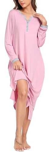 Vlazom Women's Long Nightgown Soft Baggy Nightdress Plus Size Nightshirt V Neck Sleep Dress Sleepwear Loungewear with Pockets, B-Pink, 3XL