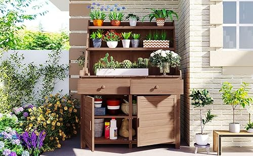 ESPIDOO Fir Wood Potting Bench Table: 6-in-1 Garden Workstation with 88 lbs Load Capacity - 3 Tier Shelves & 2 Drawers & Cabinet for Backyard Gardening - Rustic Brown Outdoor Workstation