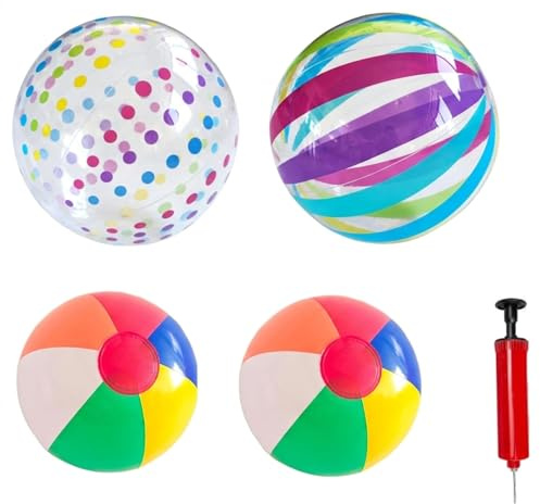 MAUDFEK 4 PCS Inflatable Ball, Two 40 Cm Colourful Balls and Two 30 Cm Multicolour Balls, Beach Balls Inflatable, Beach Ball, Beach Ball Set with Hand Pump, For Pool Games and Outdoor Activities