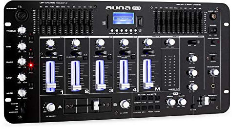 Resident DJ Kemistry 3BK - Mesa de Mezclas, 4 Canales, Equipo de DJ, Bluetooth, USB, SD, MP3, 2 entradas Phono/línea, Ecualizador de 10 Bandas, Micrófono, Entradas XLR, Talkover, Negro