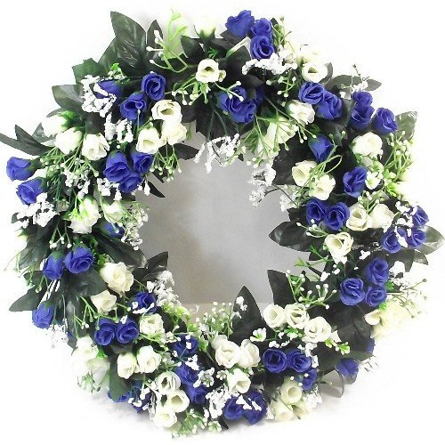 42cm Artificial Blue & Cream / Ivory Rose Wreath for in or outdoors - Home Grave Wedding