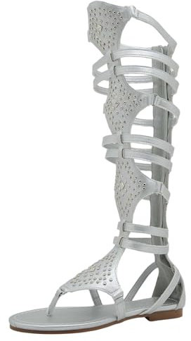 Jamron Dam Knä Höga Romerska Gladiator Sandaler Nitar Besatta Remmar Dragkedja Thong Sandaler Silver SN020342 EU38.5