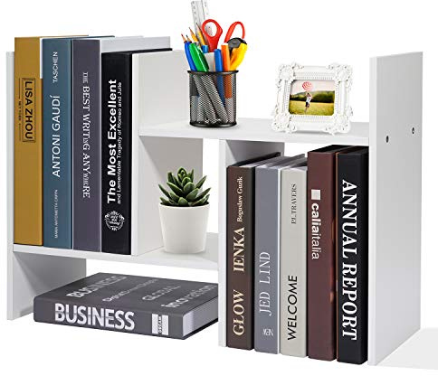 Hossejoy Desktop Bookshelf & Organiser, Adjustable Wood Desk Organizer Shelf Rack, Small Counter Top Bookcase Free Style Display Stand, Space Saving Bookshelf for Home Office - Easy Assembly