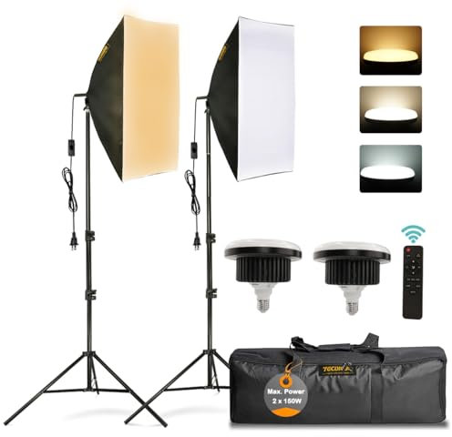 150W Softbox Iluminacion Kit Fotografia con 2 Softbox 50×70cm y 2 Bombilla de Luz 3000K-6500K Temperatura Regulable y Luz Continua E27 y 1 Bolsa de Transporte, para Videos de Retrato de Estudio