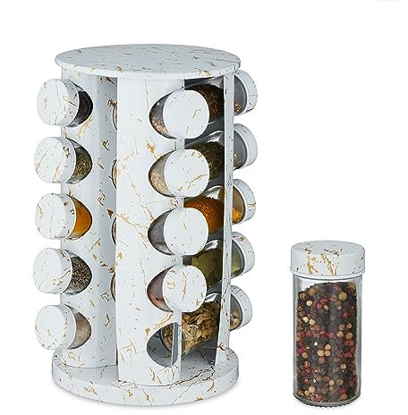 Relaxdays Portaspezie da Cucina, 20 Barattoli, Fori Spargispezie, Girevole a 360°, HxD: 33,5x19cm, Effetto Marmo, Bianco