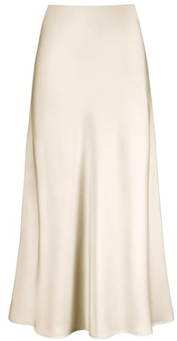 Outoshe Jupe longue en satin taille haute pour femme avec taille élastique dissimulée, coupe trapèze, beige, Taille M