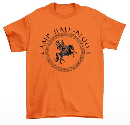 buzz shirts Camp Half Blood, Mens or Womens Greek TV Show Inspired Regular Fit T-Shirt, Made from Organic Cotton Orange
