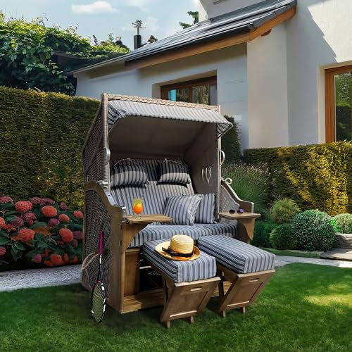 Wohnando Strandkorb XXL grau gestreift für 2 Personen, 115cm breit, verstellbare Rückenlehne, 2 Sitzer