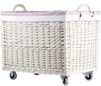 e-wicker24 Alles aus Weide - Caja de almacenaje para lavandería rectangular, cesta de mimbre con ruedas y forro de tela, baúl de almacenamiento de mimbre, cesta, caja (blanco)