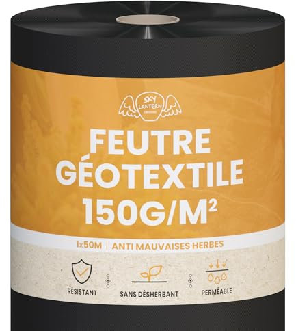 SKYLANTERN Feutre Géotextile 150g/m² très épais Surface 50m² - Perméable à l'eau et Stabilité UV - Toile de paillage Drainante 1m x50 m - Toiles de paillage Non-tissé Haut de Gamme