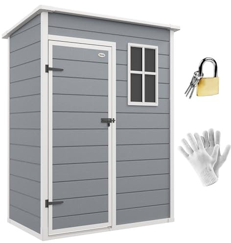 Outsunny Casetta da Giardino Porta Attrezzi in Finitura Effetto Legno Graffiato con Pavimento, 1.14m² Capanno da Giardino con Porta e Serratura, Tetto Inclinato, 151x92x193cm, Grigio