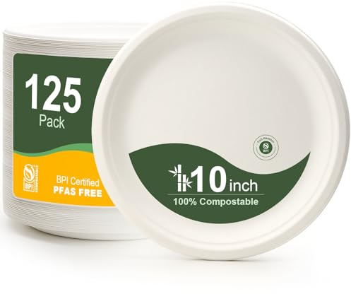 WELLIFE 10 Inch Paper Plates, 125-Pack 100% Compostable Heavy Duty Disposable Plates Bulk, Biodegradable Bagasse, Eco-Friendly, PFAS-Free | BPI Certified | Microwaveable