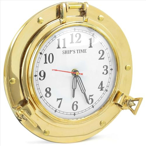 Orologio da parete decorativo in ottone anticato da 22,9 cm, con oblò a forma di nave, regalo nautico, decorazione da parete (ottone lucido)