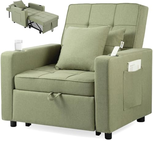 Makika Schlafsessel Schlafsofa Tommy 3in1 - Verstellbare Rückenlehne - inkl. 2 Kissen Getränkehalter Seitentaschen - Bis 150kg - Relaxsessel Schlafstuhl Klappbett Gästebett Wohnzimmer Grün