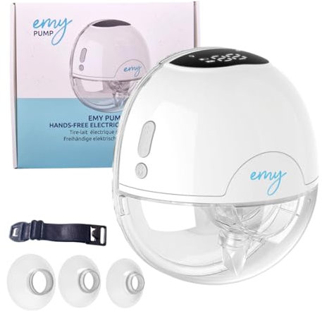Emy Pump Freihändig tragbare Milchpumpe | Leise elektrische Milchpumpe | Inklusive 4 Brustschalen Größen | LED-Bildschirm mit 3 Modi und 9 Saugstufen | Wiederaufladbar | Lange Akkulaufzeit
