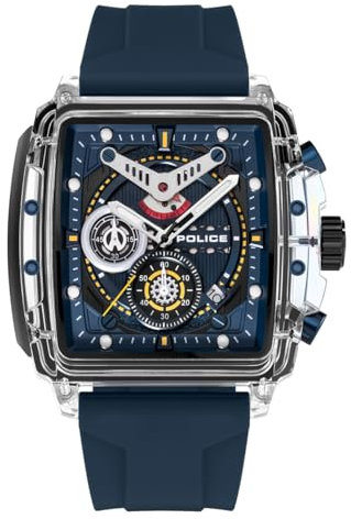 Police Herren Chronograph Uhr mit Silikonarmband, Blau, Der Stil der Uhr kann aufgrund ihres quadratischen blauen Zifferblatts, des transparenten Nylonfaser-Gehäuses und des strapazierfähigen