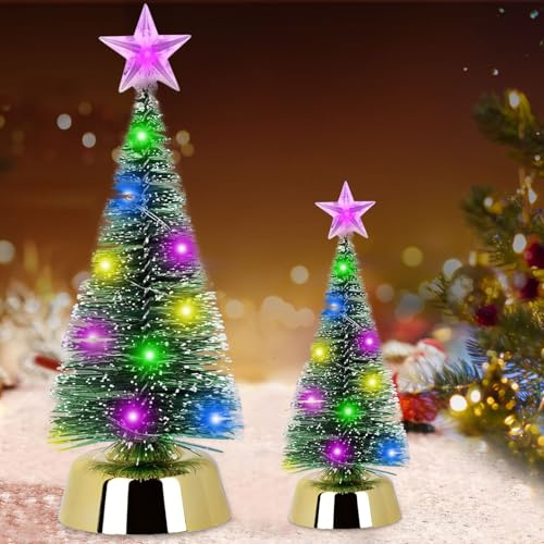 Mini julgran, 2 stycken julgran konstgjord, grön minijulgran, grandekoration liten, LED konstgjord julgran, snöeffekt julfest hantverk för bordsdekoration (19 cm + 25 cm)