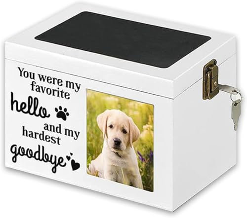 Hoclauho Urne pour animaux de compagnie en bois avec affichage photo et serrure, boîte commémorative pour chien ou chat, urne souvenir pour les cendres de chiens et de chats (blanc, 20 x 15,3 x 14)