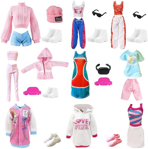 24 Stück Puppen Kleidung und Zubehör, Enthält 1 Trainingsanzug, 3 Kurzarm-Sets, 1 Tank-Top-Set, 10 Schuhe, 8 Accessoires Zufälliger Stil für 11.5 Zoll Mädchen Puppen
