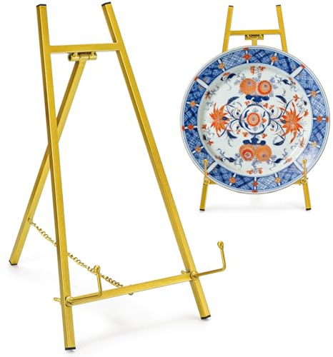 WRINGKIT Gold Tabletop Easel Stand, 16.5 Metal Picture Art Stand, Tripod Mirror Plate Stand Holder, Freestanding Easel Stand for Wedding Sign, Display Photo, Collectibles