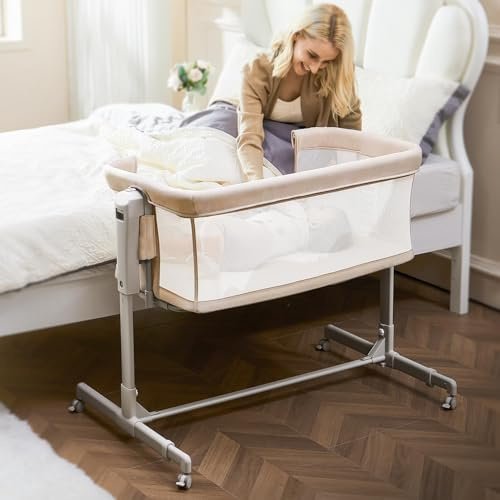 SANEWE 3 in 1 Baby Bassinets Next to Me Crib Baby Crib for Newborn Rocking Bassinet Bedside Sleeper with Breathable Mesh & 360° Silent Swivel Lock Wheels 6 Level Adjustable Height