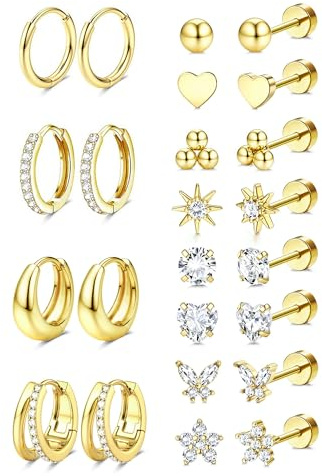 Jstyle Hypoallergenic 14k Gold Plated Stud Hoop Earrings for Women Surgical Stainless Steel Flat Back Earrings Small Stack Hoops Cartilage Earring Set for Multiple Piercing Jewelry Gifts for Women C