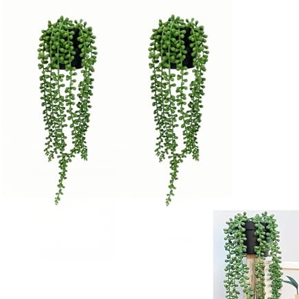 KISPATAI Artificial Hanging Plant,2 Pack Faux Plants Indoor,Fake Potted String of Pearls Succulent Plants Green Fake Plant With Pots, for Home Office Wall Shelf Wall Table Decoration