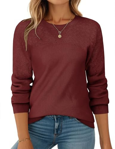 Zeagoo Jersey de punto para mujer de invierno, elegante, cuello redondo, manga larga, jersey de punto, punto superior, jersey de ganchillo, tallas S-XXL, borgoña, L