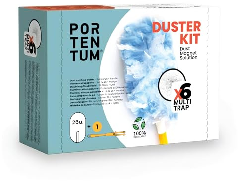 PORTENTUM Plumero Atrapapolvo, Set de 26 Recambios y 1 Mango - Kit de Limpieza Atrapa y Retiene Polvo, Pelo de Mascotas y Alérgenos, Plumero Quitapolvo Multiusos para Muebles, Coche y Electrónica