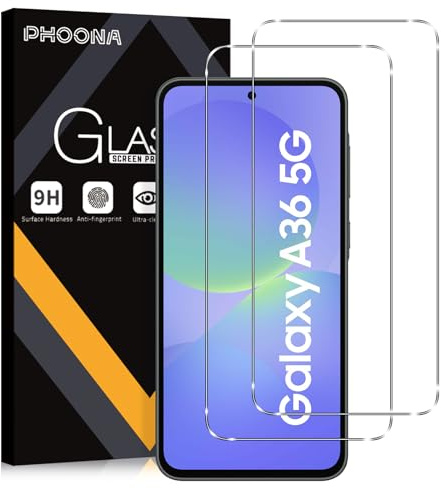 Phoona Lot de 2 Verre Trempé pour Samsung Galaxy A36 5G, Film Protection Écran, 9H Dureté Anti-Rayures Sans Bulles Facile à Installer 0,33mm HD Ultra Transparent Protecteur Vitre