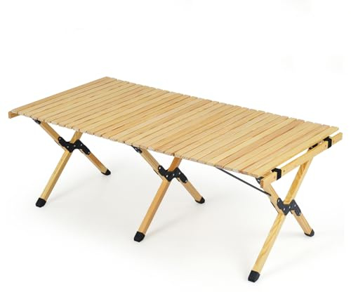HOMASIS Table Pliante 4-6 Personnes en Bois de Pin, Table Pique Nique Enroulable Portable avec Sac de Transport&Cadre en X, pour Camping, Barbecue, Fête, Jardin, Charge 70kg, 122x60x45cm (Naturelle)